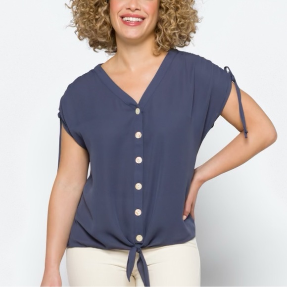 NWT - Uma Tie Front Mixed Material Blouse - Picture 2 of 5